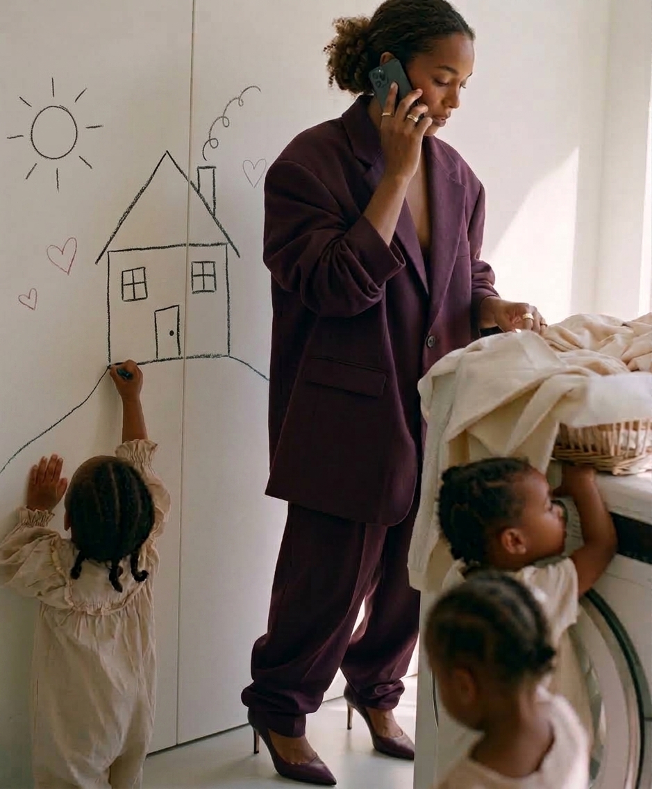 A mother on the phone in a plum suit while her children draw on the wall and climb the washing machine